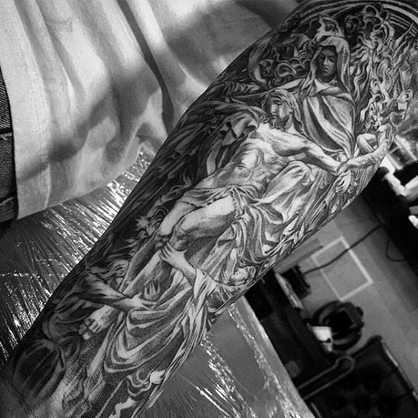 Cool Guys Ornate Detailed Jesus Tatoo Sleeve Ideas