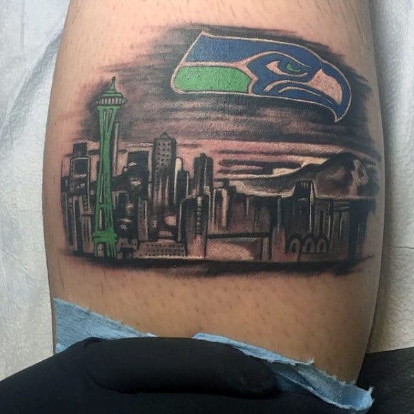 Cool Guys Seattle Skyline Leg Calf Tattoos
