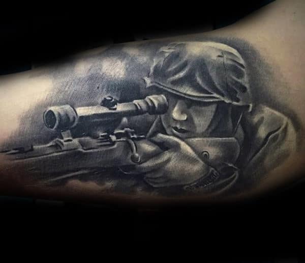 Cool Guys Sniper Solider Army Bicep Tattoo With Shaded Ink