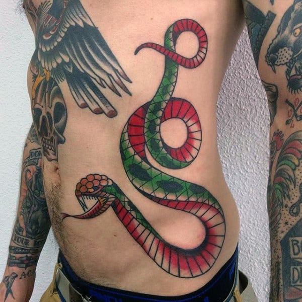 Cool Guys Traditional Snake Rib Cage Side Tattoos