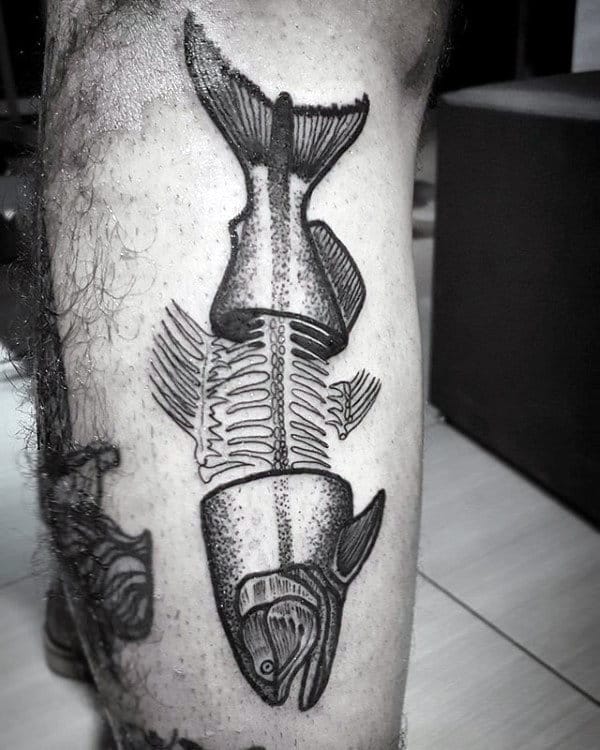 Cool Half Fish Skeleton Mens Leg Tattoo