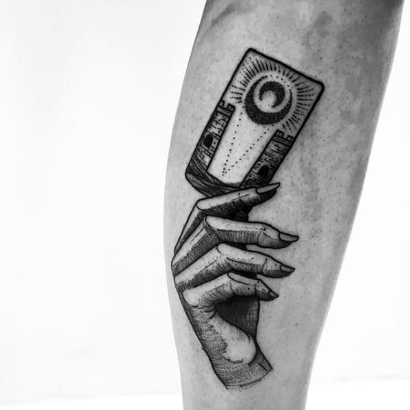 Cool Hand Holding Tarot Card Mens Forearm Tattoo Ideas