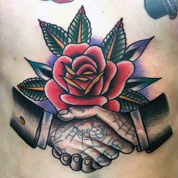 Cool Handshake Retro Old School Rose Flower Chest Tattoo Design Ideas For Male