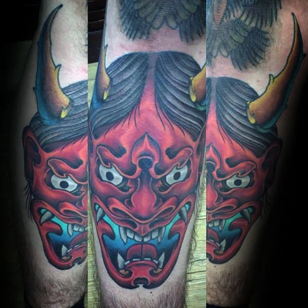 Cool Hannya Mask With Bull Horns Mens Leg Shin Tattoos