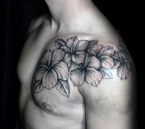 Cool Hibiscus Flower Chest And Shoulder Tattoos For Guys
