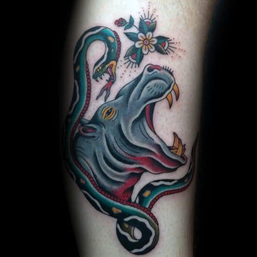 Cool Hippo And Snake Old School Traditonal Tattoo Design Ideas For Males On Arm