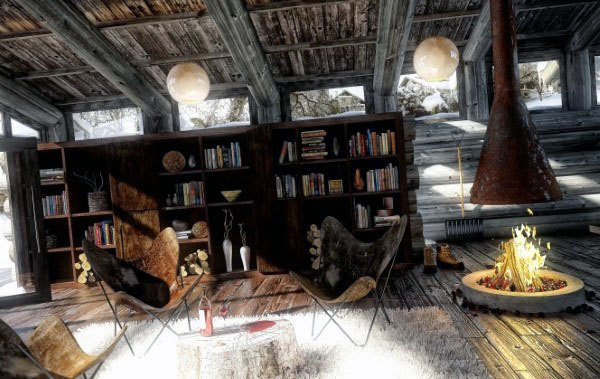 Cozy rustic cabin with a fireplace, library shelves, wooden ceiling, and large windows overlooking snowy scenery