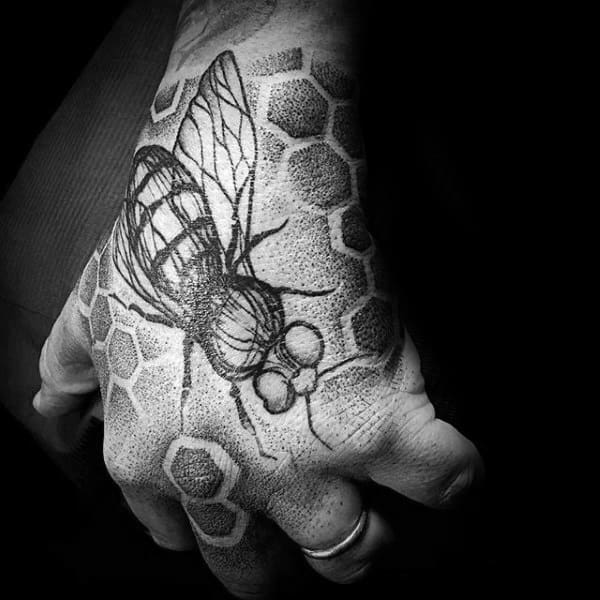 Cool Honeycomb Dotwork Bee Male Hand Tattoo