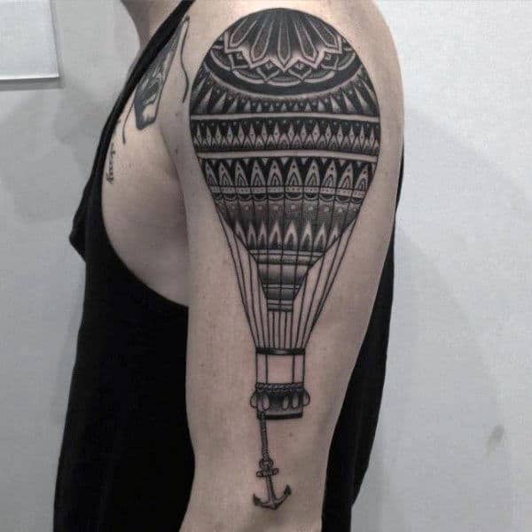 Cool Hot Air Balloon With Anchor Mens Upper Arm Tattoo Designs