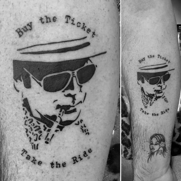 Minimalist Hunter S. Thompson tattoo featuring his portrait with sunglasses, a cigarette, and the quote "Buy the Ticket, Take the Ride."