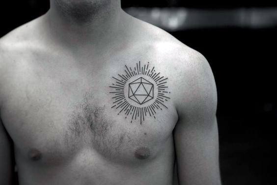 Icosahedron chest tattoo surrounded by radiant linework, creating a sunburst effect with a minimalist geometric style.