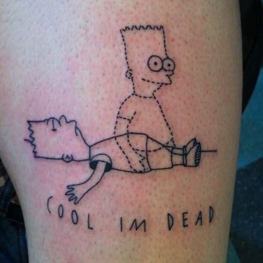 A black ink tattoo of a cartoon character lying dead with its ghost rising, outlined in a minimalist style, with the phrase 'COOL IM DEAD' below.