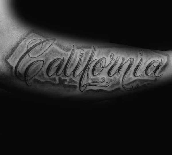 Cool Inner Arm Male California Orante Lettering Design Ideas