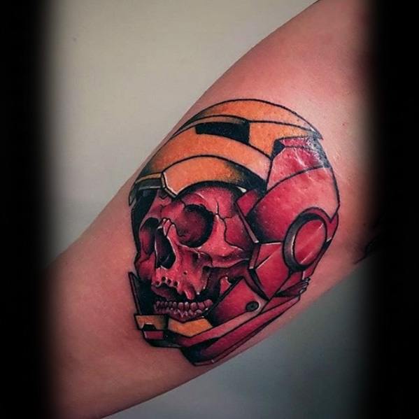 Iron Man tattoo featuring a skull combined with the iconic Iron Man helmet design, creating a unique and bold fusion of life and technology with vibrant colors.