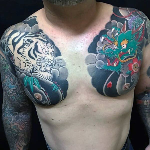 Cool Japanese Dragon And Tiger Upper Chest Guys Tattoo Ideas