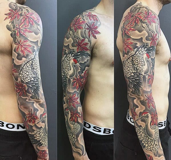 Cool Japanese Maple Tree With Crane Mens Sleeve Tattoos