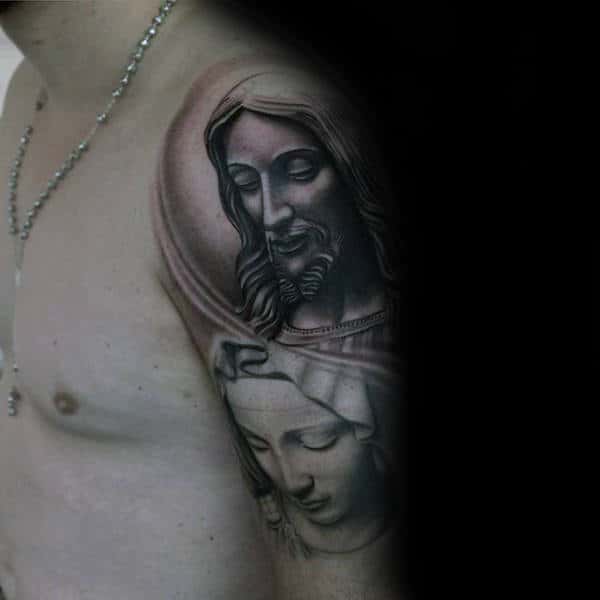 Cool Jesus And Mother Mary Upper Arm Tattoos With Shaded Ink Design