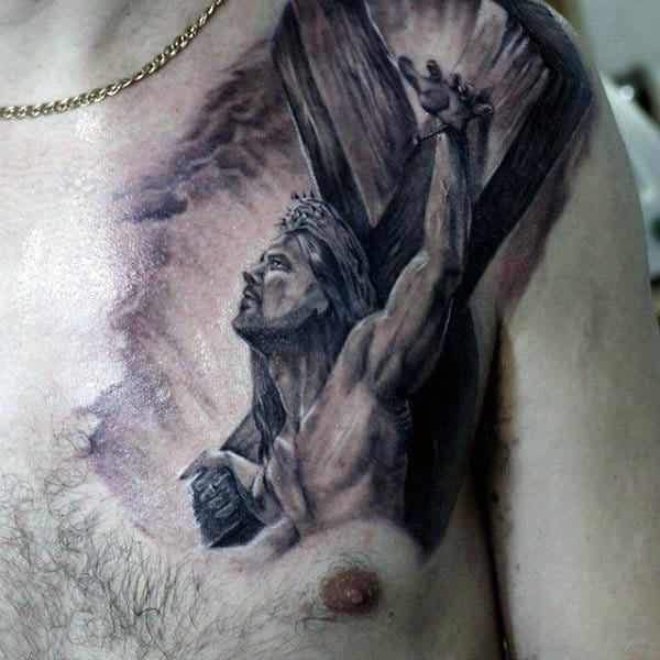 Cool Jesus On Cross 3d Mens Upper Chest And Shoulder Tattoos