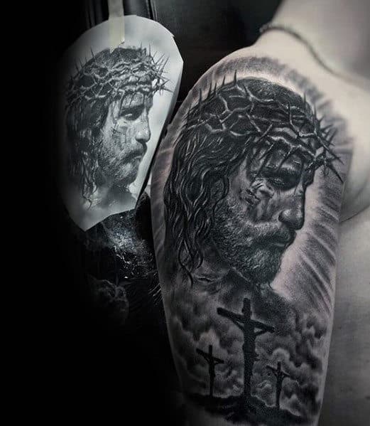 Cool Jesus Wearing Crown Of Thorns With Cross Guys Arm Tattoo Ideas