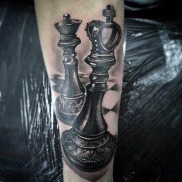 Cool King Chess Piece With Queen Mens Forearm Tattoos