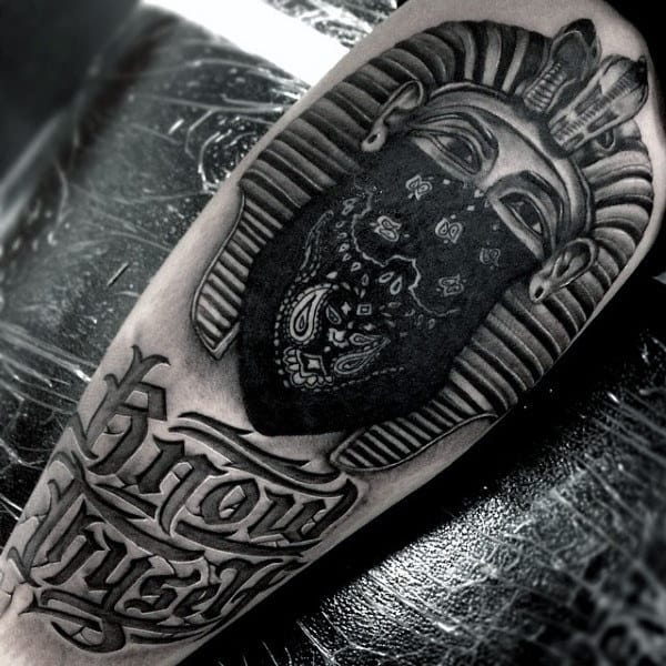 Cool King Tut Wearing Black Bandana Tattoo On Mans Thigh