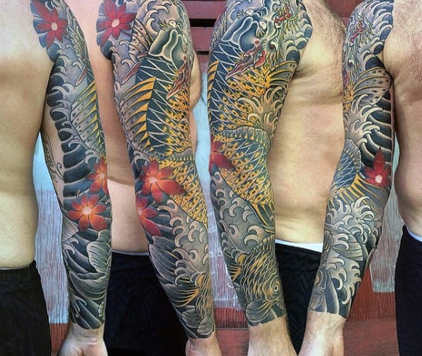 Cool Koi Dragon Full Sleeve Mens Japanese Tattoo Ideas