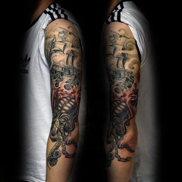Cool Kraken Themd Guys Half Sleeve Tattoo Inspiration