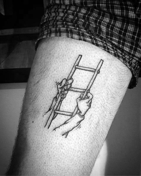 Simple line tattoo of two hands gripping a ladder, symbolizing ambition, ideal for men's arms or thighs.