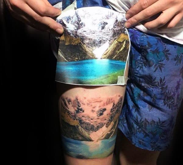 Cool Landscape Realistic Thigh Tattoo On Gentleman