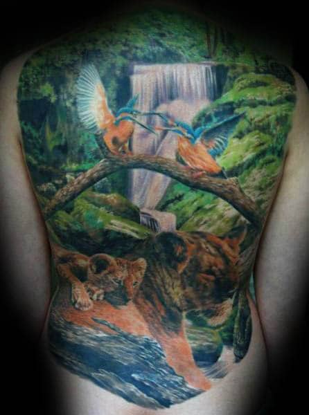 Cool Landscape Waterfall Nature Male Full Back Tattoo Inspiration
