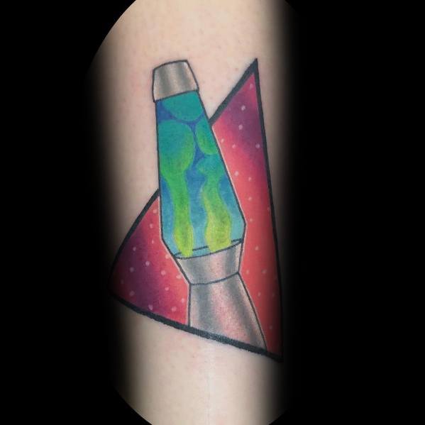 Colorful lava lamp tattoo in green and blue with geometric background, a stylish idea for men's bold tattoos.