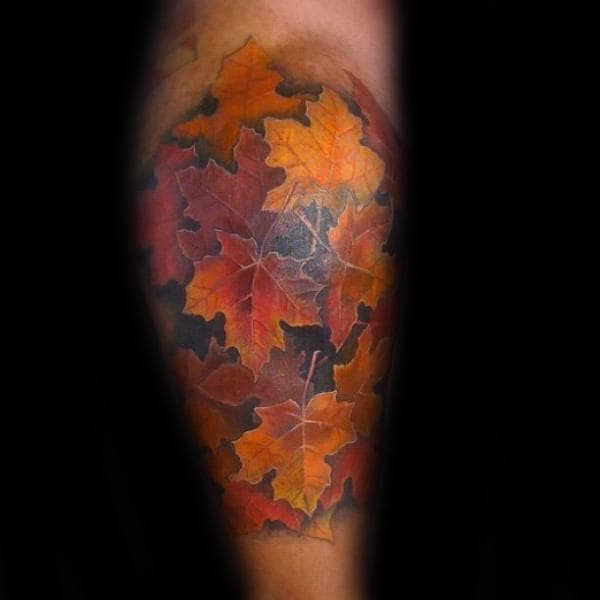 Cool Leg Calf Fall Leaves Tattoo Ideas For Men