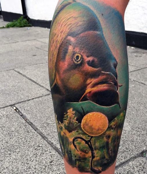 Cool Leg Calf Guy's Tattoos Of Fish