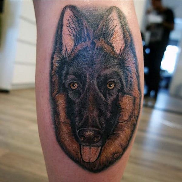 Cool Leg Calf Tattoo Of German Shepherd Dog For Men