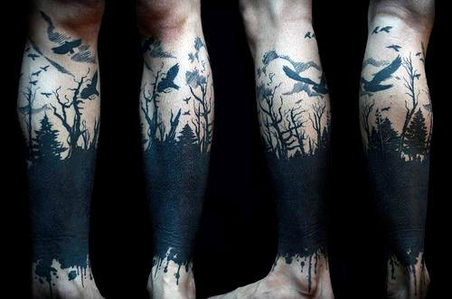 Forest silhouette tattoos with trees and flying birds