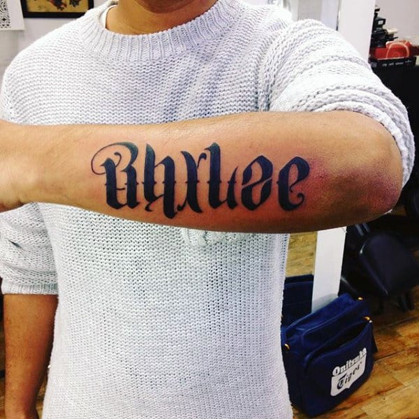 Cool Lettering Mens Ambigram Outer Forearm Tattoo Design Ideas