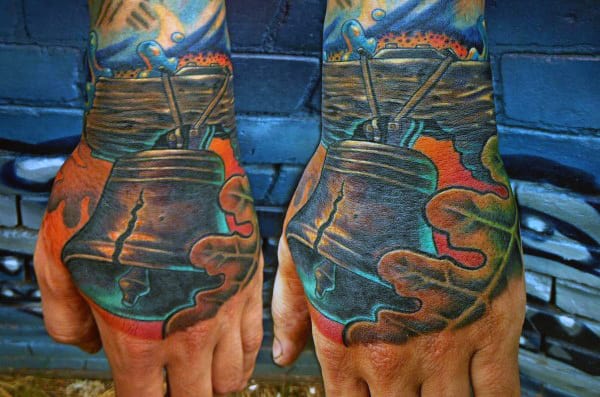 Cool Liberty Bell Male Hand Tattoo Design Ideas