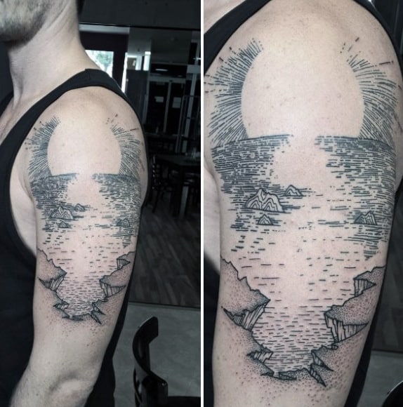 Cool Line Work Tattoo Of Water And Cliff Edge On Upper Arm For Men