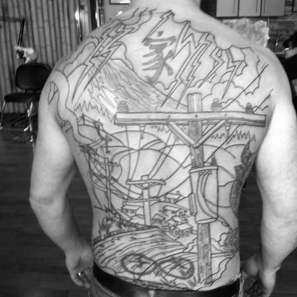 Cool Lineman Themed Mens Full Back Tattoo Design Ideas