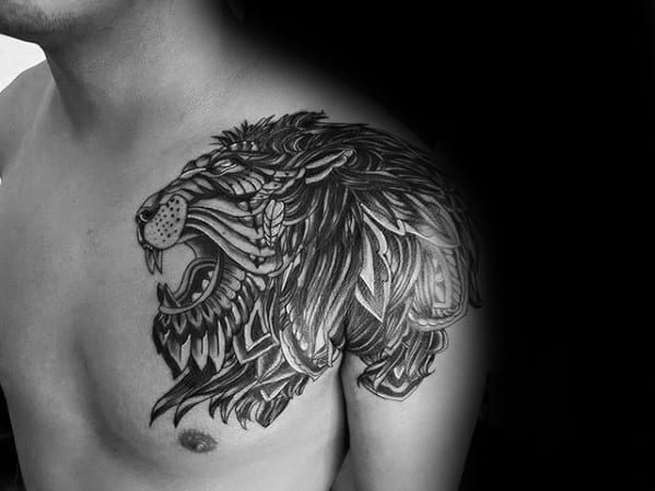 Cool Lion Head Shoulder Tattoo On Male