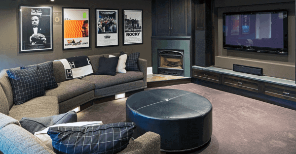 cool living room lounge small fireplace basement 