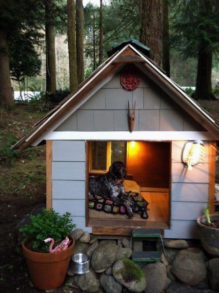 Cozy dog house with a steep roof, a small light inside, and a dog resting on a blanket, surrounded by plants and a stone path