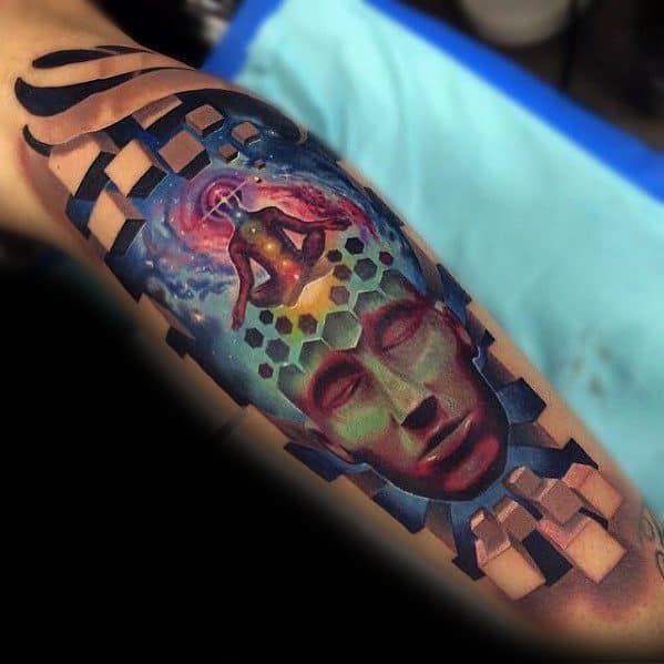Cool Male 3d Realistic Consciousness Tattoo Designs On Leg