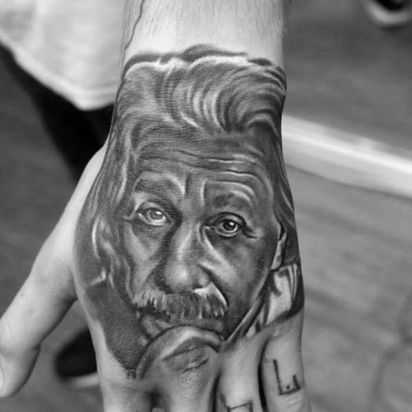 Cool Male Albert Einstein Tattoo Designs On Hand