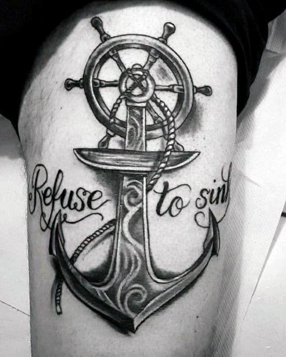 Tattoo of an anchor with a wheel and "Refuse To Sink" boldly inked on skin