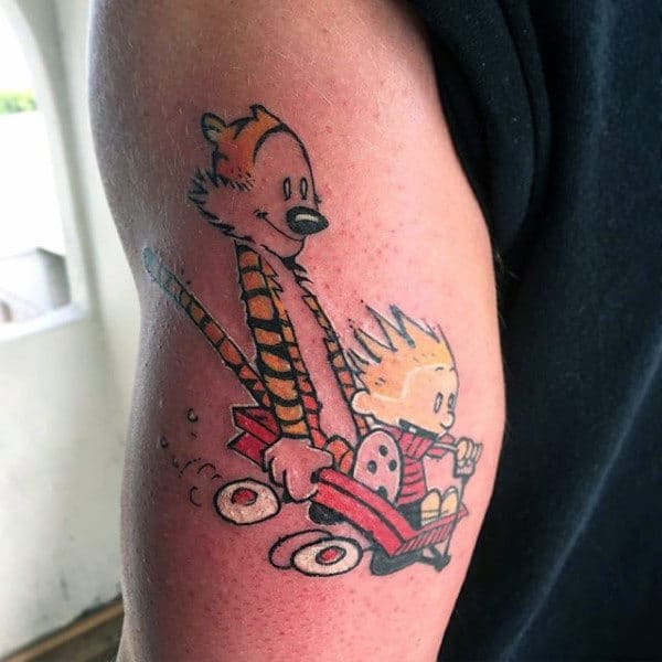 Cool Male Arm Tattoo Of Calvin And Hobbes