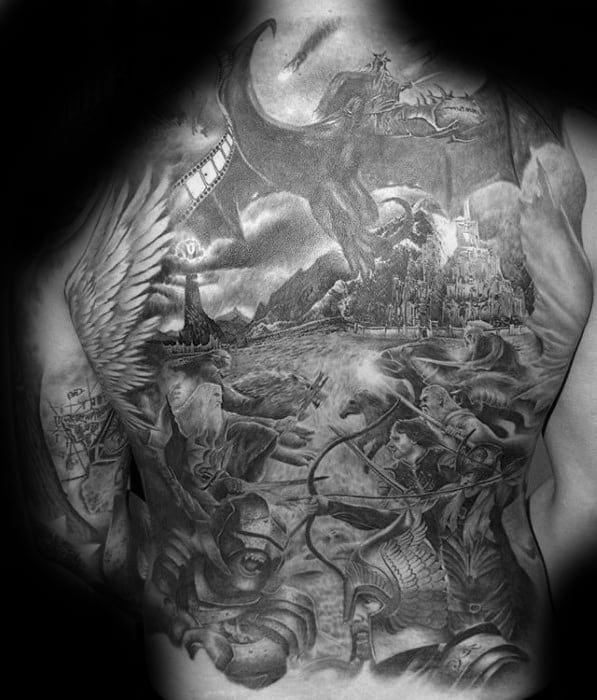 Cool Male Awesome Back Tattoo Designs With Black And Grey Ink