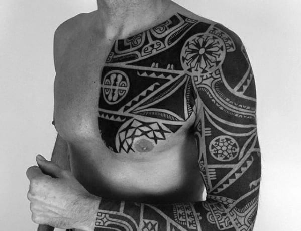 Cool Male Badass Tribal Tattoo Designs On Chest And Arm Sleeve