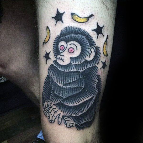 Cool Male Banana Monkey Thigh Tattoo Designs