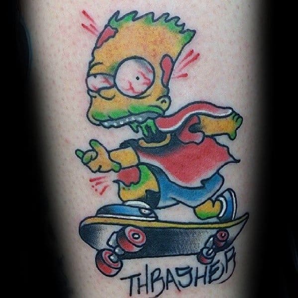 Cool Male Bart Simpson Zombie Riding Skateboard Forearm Tattoo Designs
